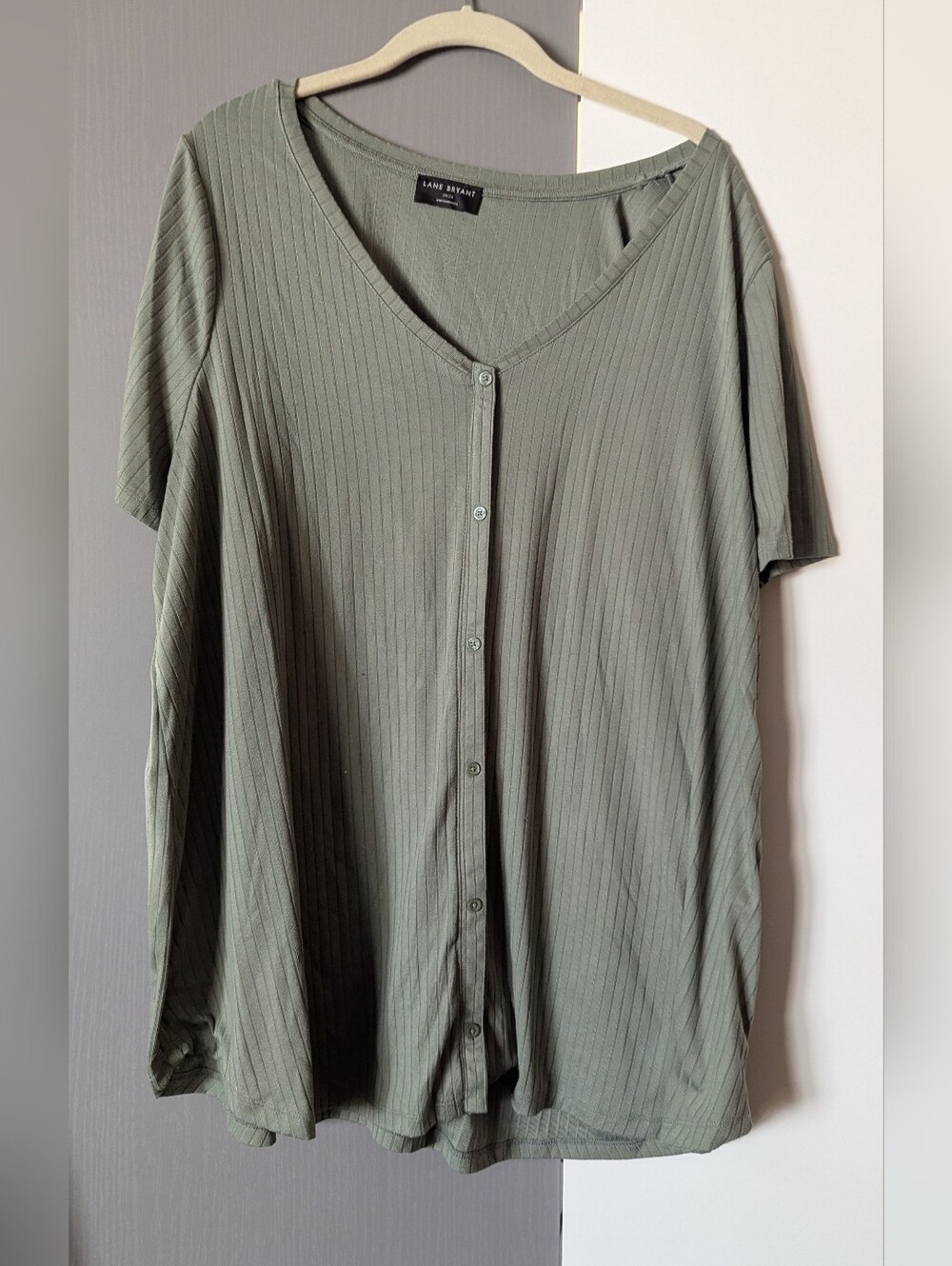 Lane Bryant Olive Ribbed Button-Front V-Neck Top
